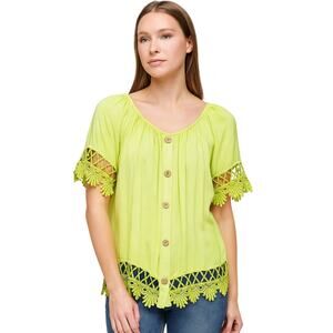 Alice Rinaldi Lime Green Blouse, Made in Italy, Knit Trim Flowy Boho Size 2